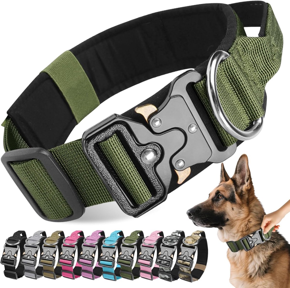 hondenhalsband, zachte gevoerde nylon ademende huisdierhalsband met handvat en zware metalen gesp, militaire verstelbare trainingshalsband voor kleine tot middelgrote grote honden