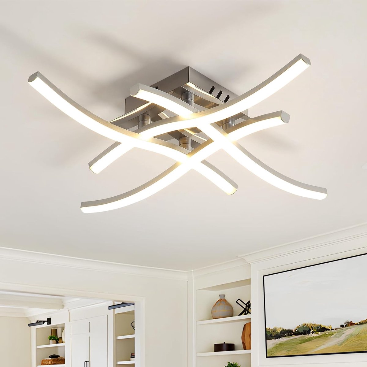 Plafondlamp, gebogen design, moderne led-plafondverlichting, 4 ingebouwde lichtstrips, 24 W, 2700 lm, 4500 K neutraal licht voor slaapkamer, woonkamer, keuken | Design plafondlamp, binnenverlichting, voor hal, woonkamer, keuken