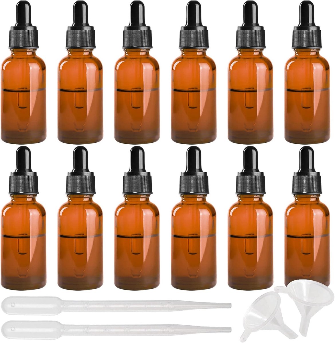 30 ml pipetfles bruin glas met glazen pipet, 12 stuks apothekersfles, kleine glazen fles, druppelfles, inclusief trechter en pipet, voor essences, oliën, parfumextracten