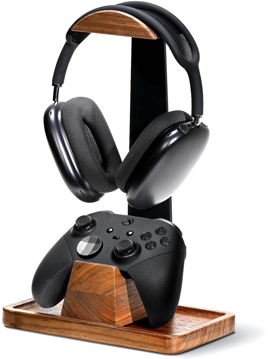 Omgoods - Walnoot Hoofdtelefoonstandaard met Gamecontrollerhouder - Desktop Gaming Accessoire