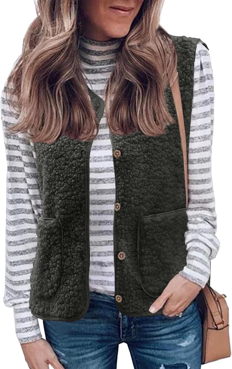 Vest voor dames, winter, mouwloos vest, elegant wintervest, dames, fleece, mouwloos, thermovest, jas met zak, fleecevest, outdoor, loopvest