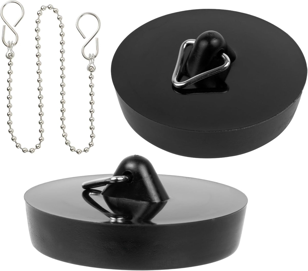 stopper met ketting, 3 st., zwart, Ø 45,5 op 42 mm bovenkant op onderkant, PVC afvoerplug voor 1 3/4" inch ventielbovenkanten, gootsteen Rubber stopper ketting met S-haak, bad stopper