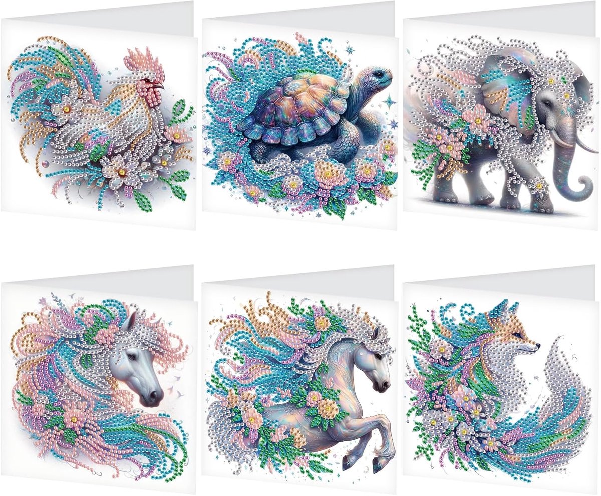 Set van 6 Diamond Painting wenskaarten, set van 6 dieren, blauwe paarden, diamond painting-kaarten, verjaardagskaarten, bedankkaart, zegenenswenskaart, feestdagkaarten, borduurwerk,