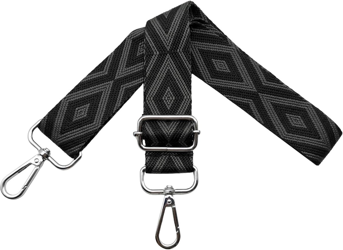 schouderriem voor tassen, tasriemen om te wisselen, schouderriem, breedte 3,8 cm, met zilveren karabijnhaak, voor dames, crossbody, schoudertas, doe-het-zelf accessoires, zwart/grijs