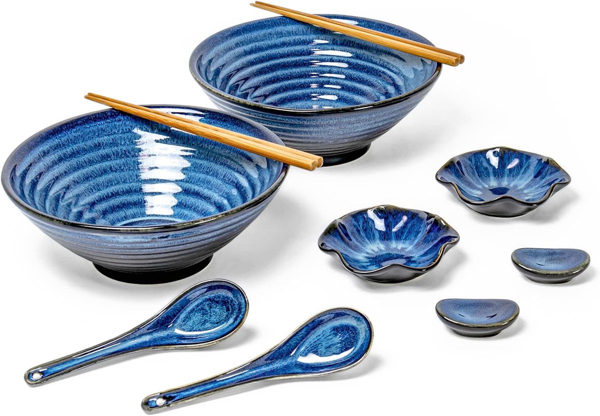 Soepkommen voor aardappelen, keramiek, met eetstokjes, lepel en lepelrust, Japanse servies, pasta, kom, set van 2 stuks