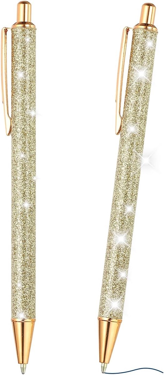 Glitter Balpen, 2 stuks sprankelende fancy glitter pen intrekbare druk metalen journaling schrijfpennen zwarte inkt voor vrouwen meisjes kantoor verjaardag, goud