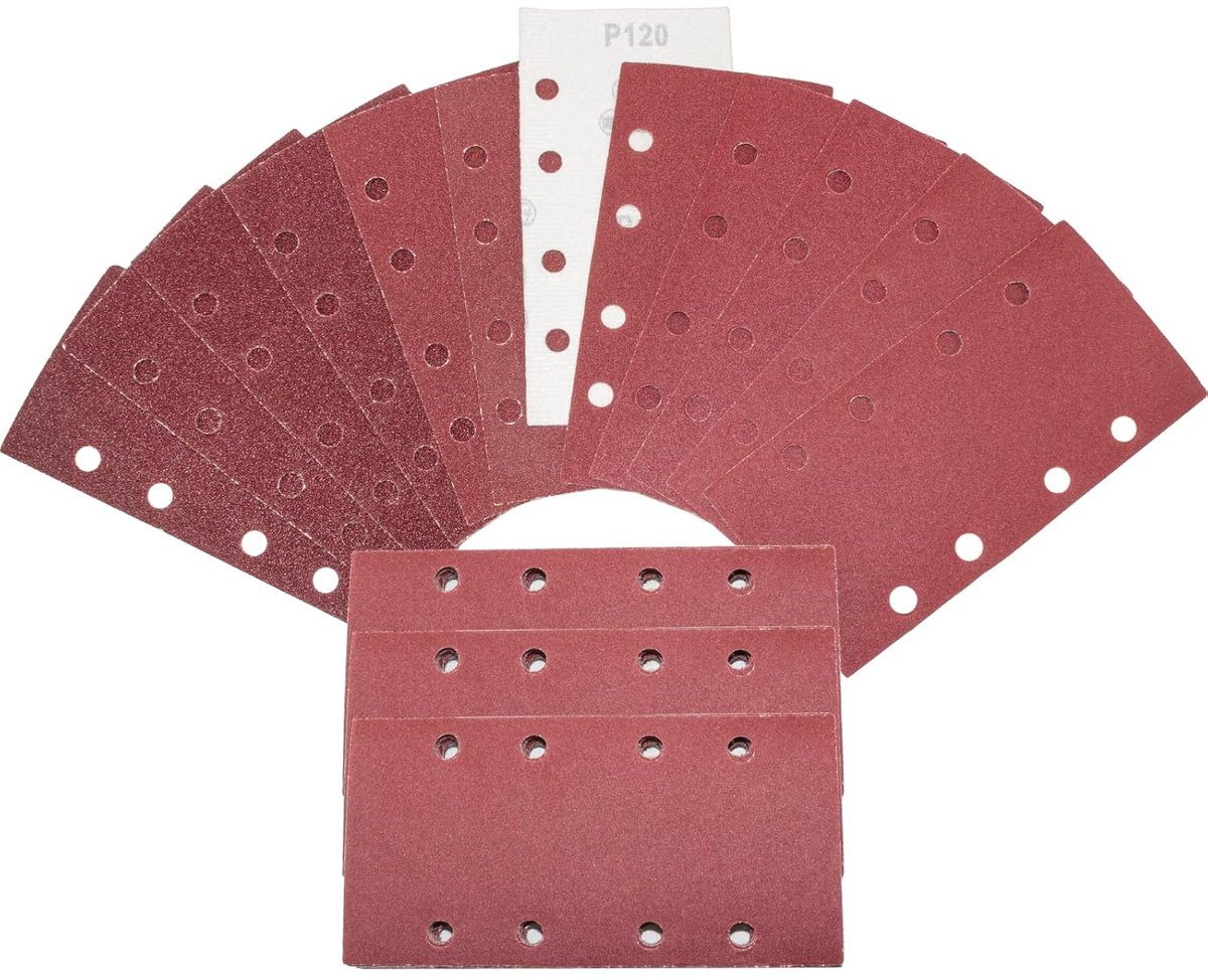 Schuurpapier 93 x 185 mm, 8 gaten Korrel 10X40 60 80 120 180 240, 8 gaten, materiaal voor vlakschuurmachines | Rechthoekige schuurpad met klittenbandsluiting, 8 gaten, set voor Bosch schuurmachines en rechthoekige schuurmachines