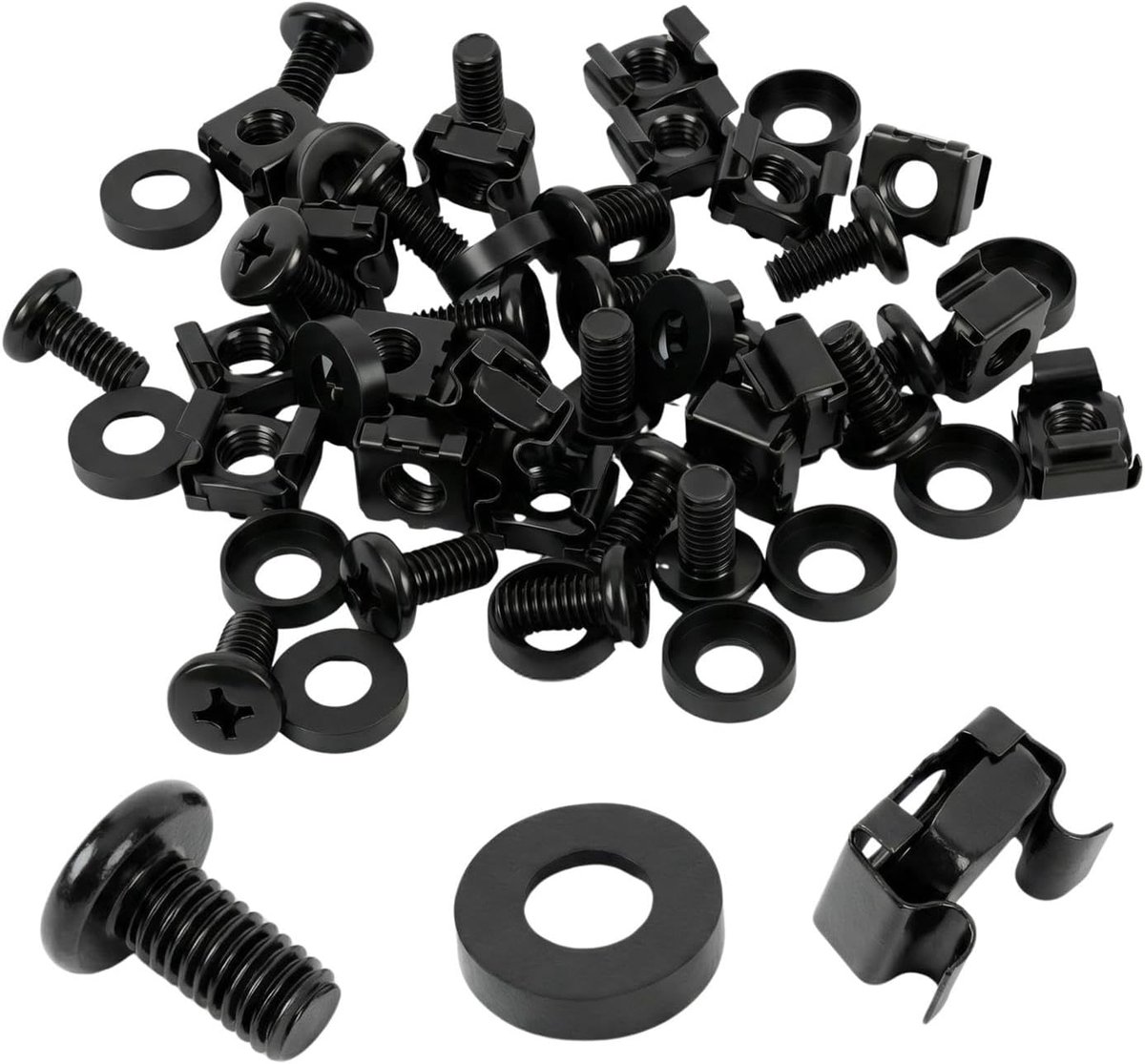 Kooimoeren M6 | 100 stuks complete set zwart | Rekschroeven met krasbeschermingsschijf | voor 19 inch & 10 inch netwerkkast patchpaneel serverkast