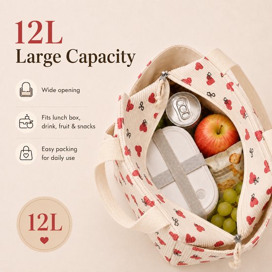 Rainbecom - Koeltassen - Lunchtas Koeltas 12L - Geïsoleerde Lunchbag van Corduroy met 2 Zijvakken - Voor Werk, Picknick, Reizen en Dagelijks Gebruik - 26 x 18,5 x 25 cm - Beige met Rode Hartjes van Rainbecom — afbeelding 4
