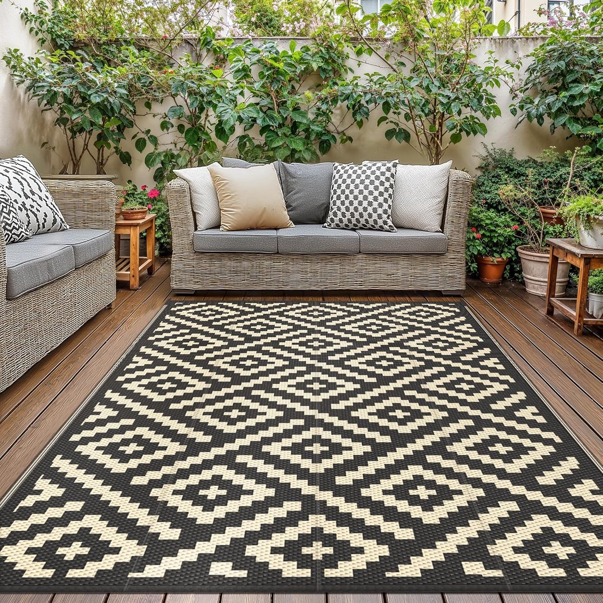 Tapijten Voor Buiten Waterdicht Omkeerbaar Tapijt Camper, Balkon, Patio, Terras, 180x275cm, Ruit Zwart en Beige