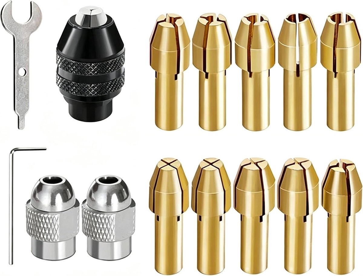 15 stuks messing spantangenset met boorhouderadapter en snelspanboorhouder, precisie accessoires voor mini-boren en elektrisch gereedschap, geschikt voor 0,5 mm tot 3 mm boorkoppen