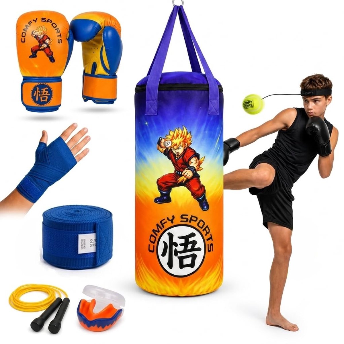 Omgoods - Comfortabele Bokszakset voor Kinderen - Inclusief Bokshandschoenen en Springtouw