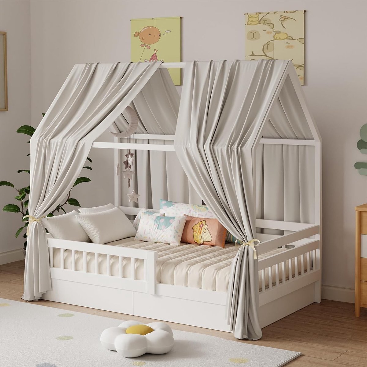 Omgoods - Lichtbeige Huisbed Hemelbed Set van 2 - Kinderen, 350 x 135 cm