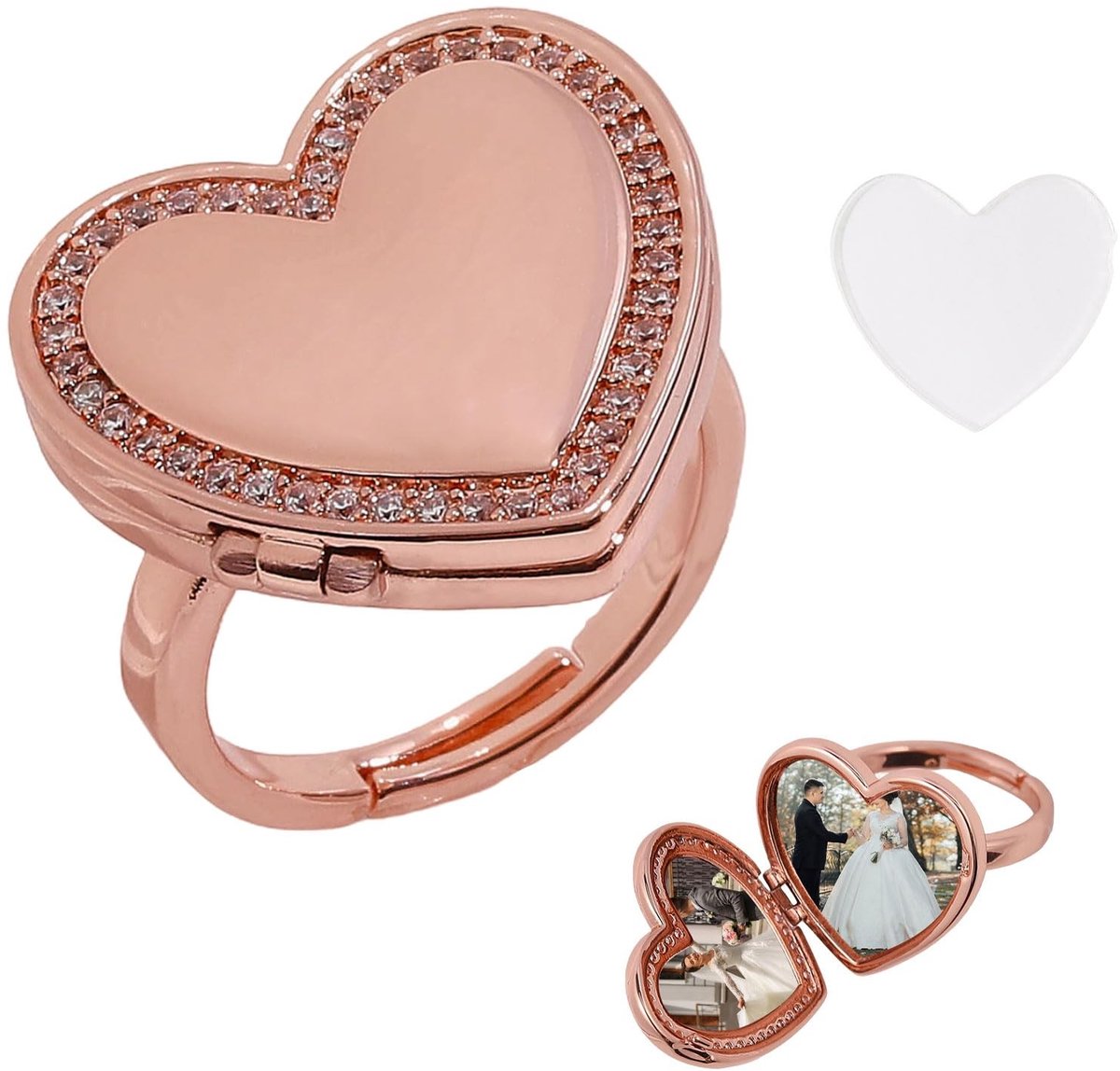 Omgoods - Hartvormige Flip Medaillon Ring - Gegraveerde Mini Fotolijst