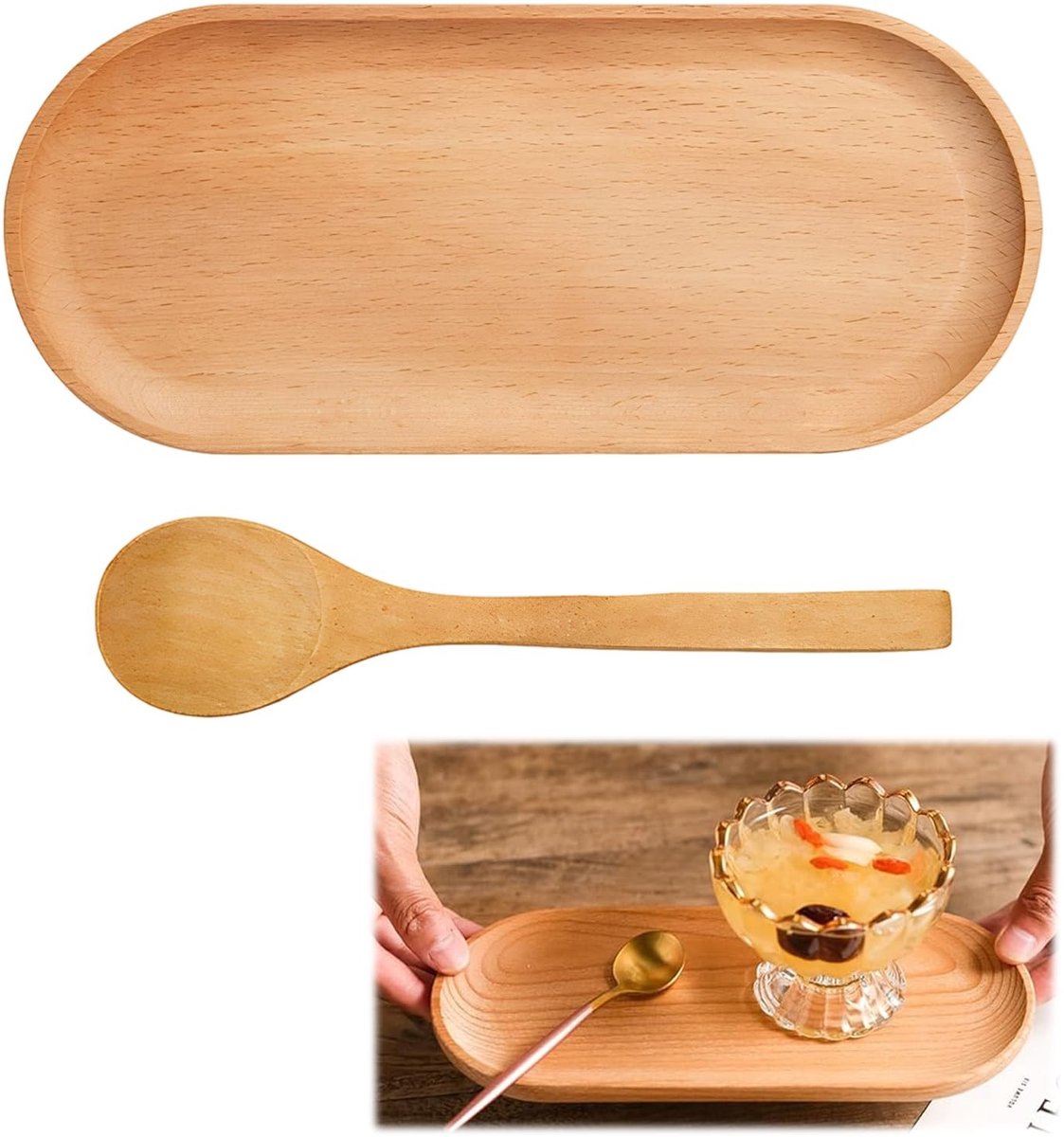 Omgoods - Houten Ovale Dienblad met Lepel - 23 x 10 cm Decoratie