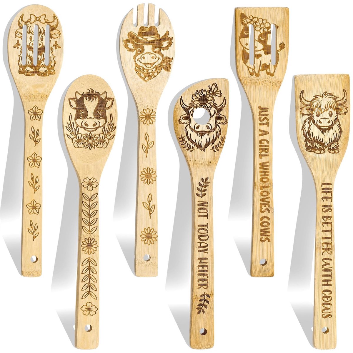 Omgoods - 6 Stuks Houten Lepels met Koe Design - Schattige Keukenaccessoires
