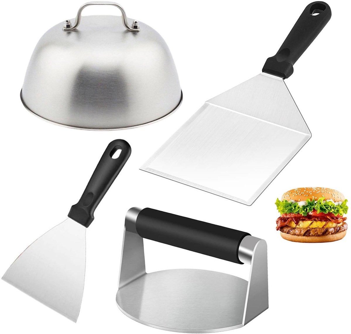 Omgoods- Burgerset Roestvrij Staal - Hamburgerpers - Grillspatel - Platte Schep - Spatelset - Voor Grillen en Koken