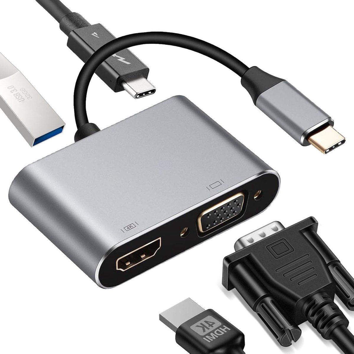 USB C naar HDMI VGA-adapter, 4K@30Hz 4-in-1 USB C multipoort-adapter, PD 100W laadaansluiting, USB 3.0-aansluiting voor MacBook/MacBook Pro/Air, Chromebook, HDTV