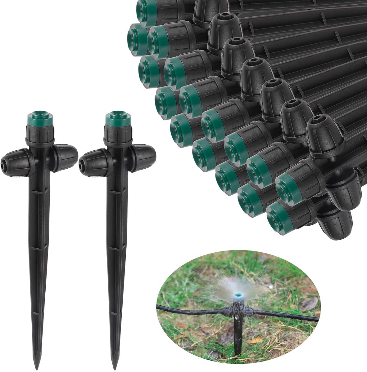 30 stuks druppelirrigatie-emitter sproeier voor 1/4 inch irrigatieslang, 360 graden instelbare sproeier op 6,5 inch paal voor tuinirrigatiesysteem