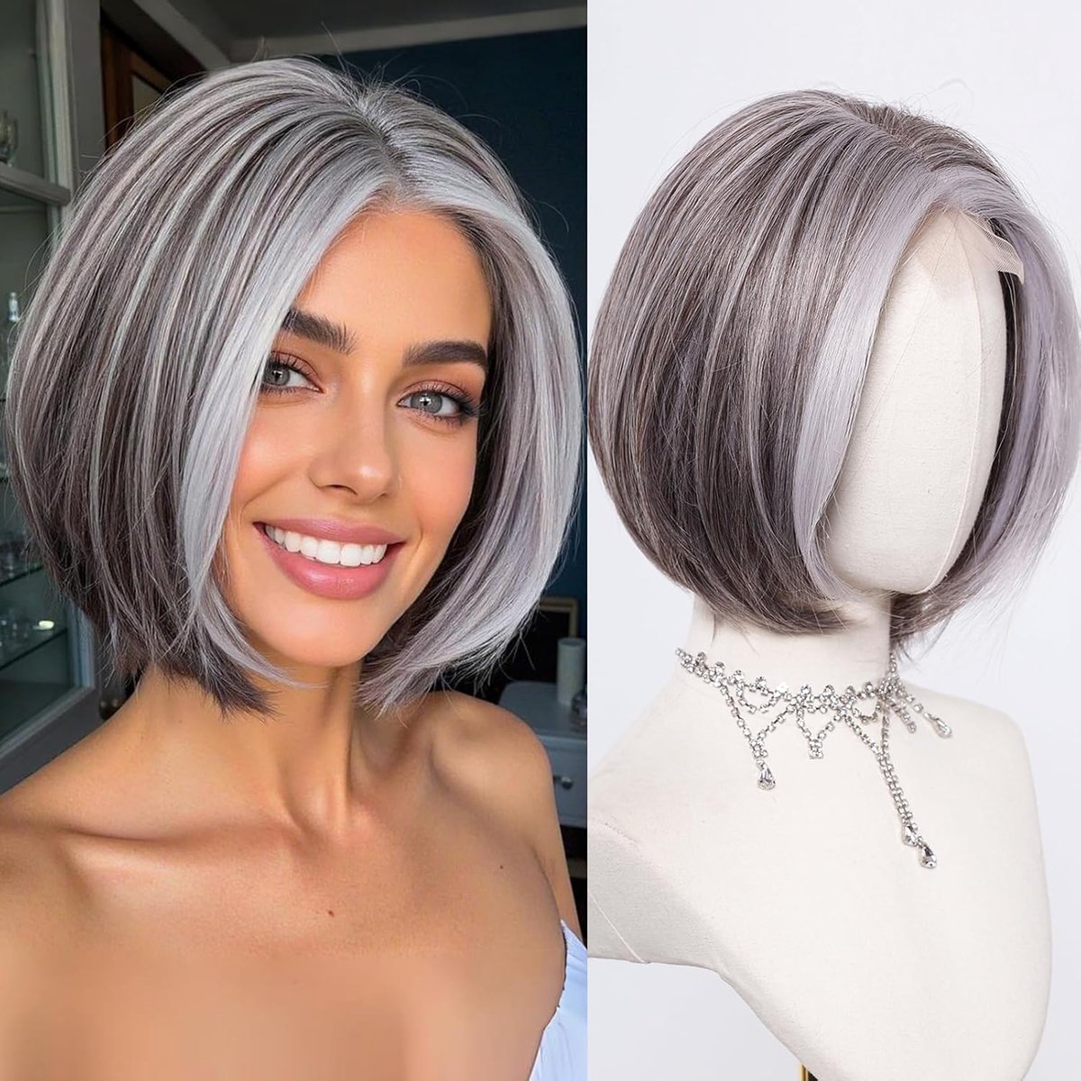 Grijze Bob-pruik voor vrouwen - 30 cm kort middendeel met blonde highlights, natuurlijke kanten haarlijn, hittebestendige synthetische zilveren pruik voor meisjes cosplay (grijs)
