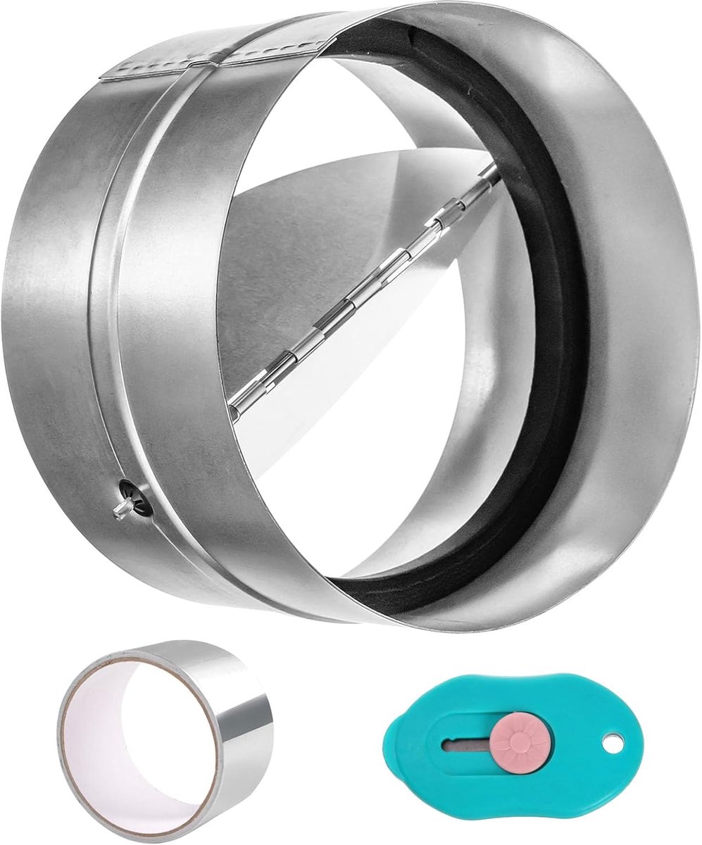 Verbindingsstuk met terugslagklep DN 125 mm van verzinkt staal automatische terugslagklep met afdichtrubber Ø 125 mm verbindingsstuk met aluminiumfolietape ventilatiebuis rond kanaal ventilatiesysteem