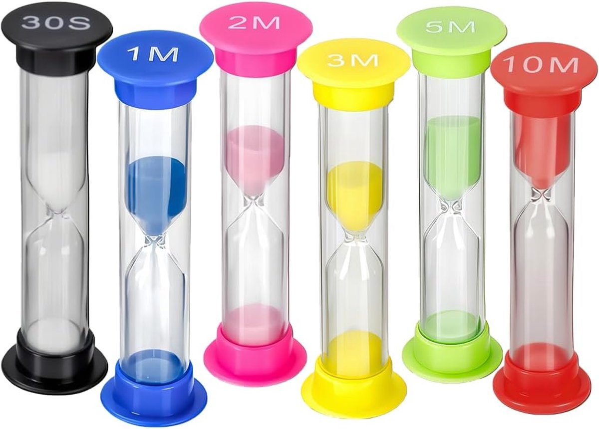 Set van 6 zandlopers, kleurrijke visuele timer, zandloper, 1 minuut, 2 minuten, 3 minuten, 5 minuten, 10 minuten, 30 seconden, korte tijdwekker, zandloperset voor tijdmanagement, koken, kantoor