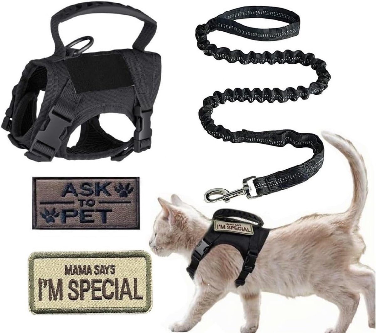 tactisch kattenharnas,verstelbaar wandelharnas voor huisdieren met geborduurd logo,gemakkelijk te bedienen, Kat reflecterend trekkoord ademend en anti ontsnapping (zwart)