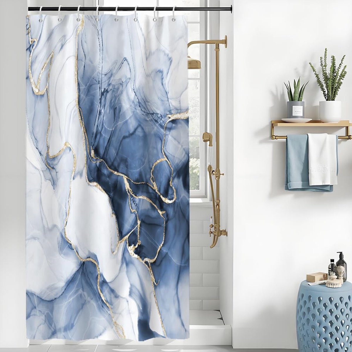 Omgoods - Marmer Effect Douchgordijn Blauw 120x200cm