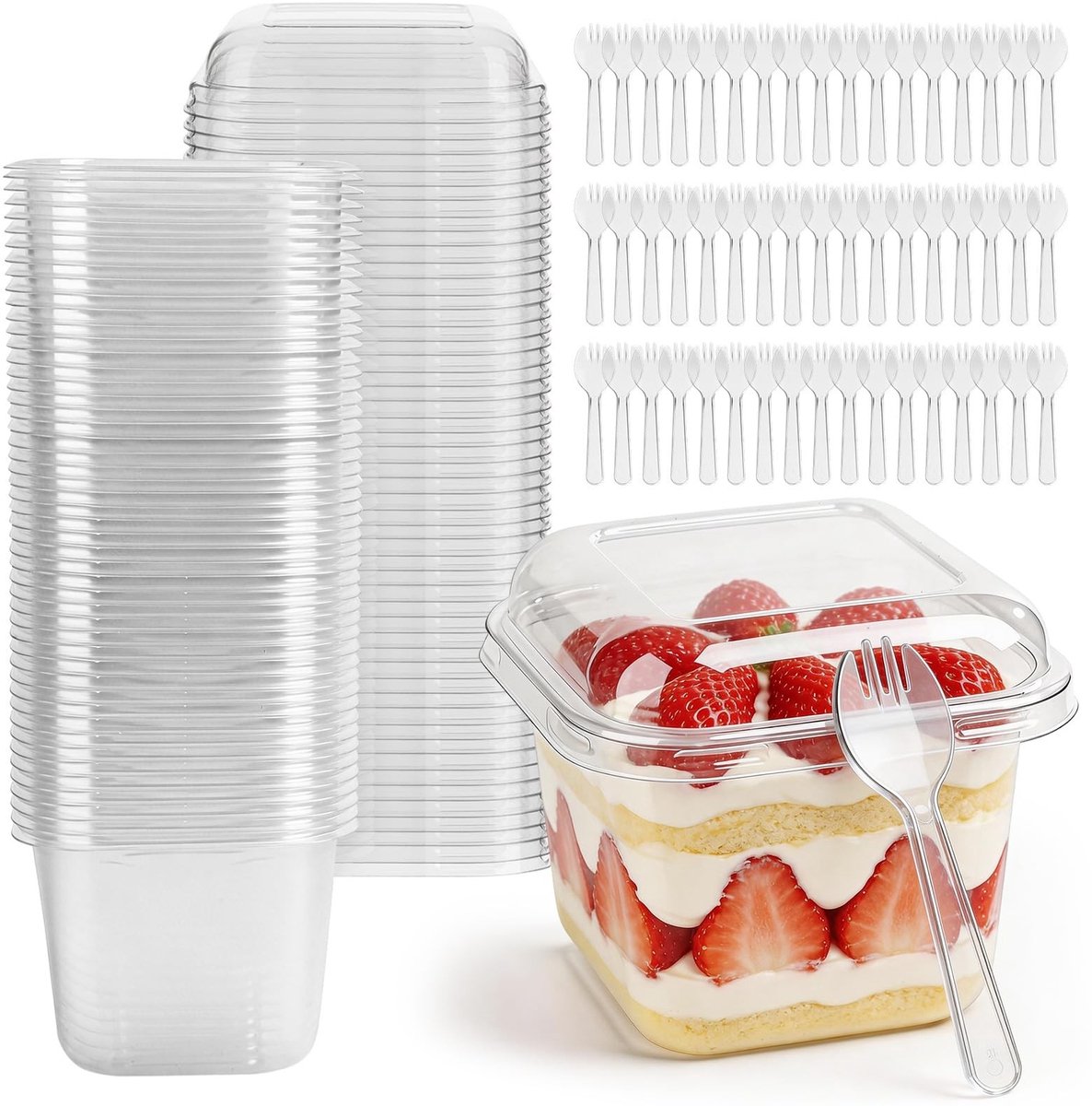 Omgoods - 50-delige Set Plastic Dessertglazen met Lepels - 300ml Herbruikbare Bekers met Deksel