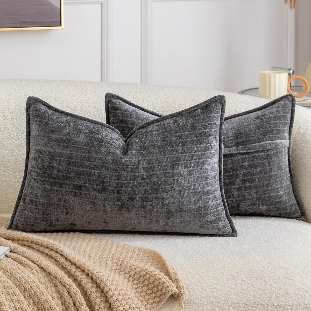 Omgoods - Set van 2 Decoratieve Kussenhoezen in Vintage Boho Stijl 40x60cm Donkergrijs