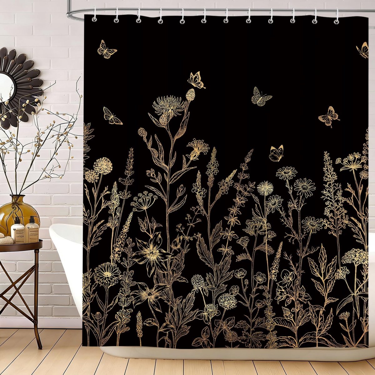 Omgoods - Boho Douchegordijn 180 x 180 cm met Bloemen en Vlinders