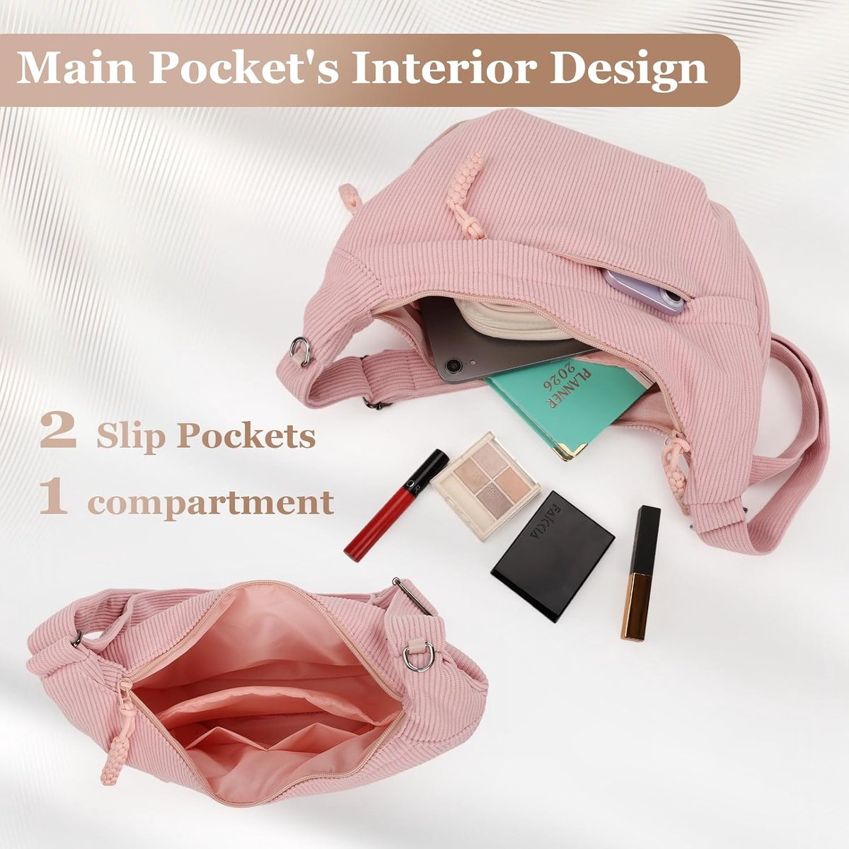 Schoudertas voor Dames, Corduroy Crossbody Bag voor Dames met 3 zakken met Ritssluiting en Verstelbare Schouderriem voor Werk, Casual, Reizen en Dagelijks Gebruik