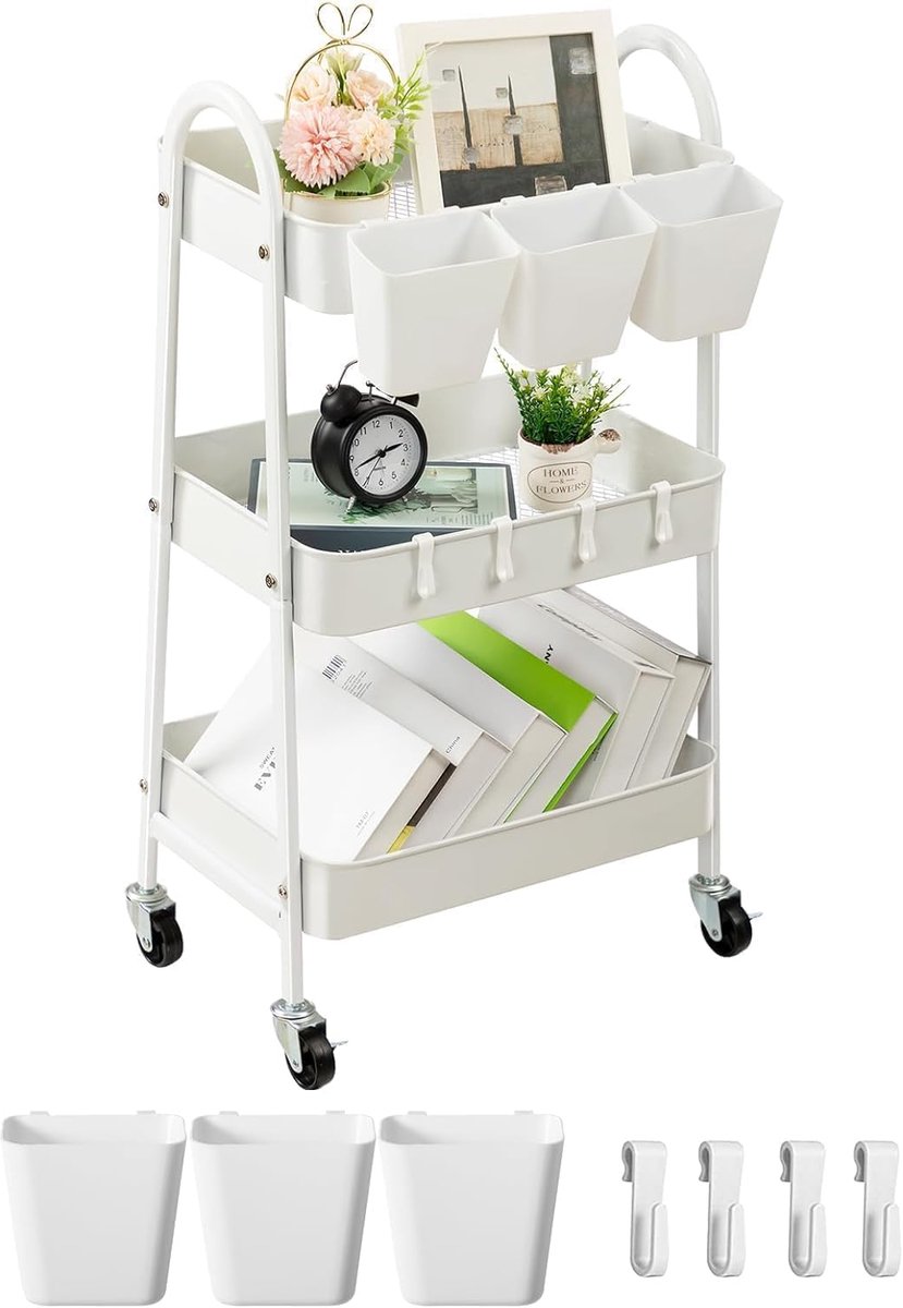 danpinera Rolwagen met 3 niveaus, metalen rolwagen met wielen, hangende bekers en haken, mobiele trolley voor keuken, badkamer, kantoor, werkplaats, wit