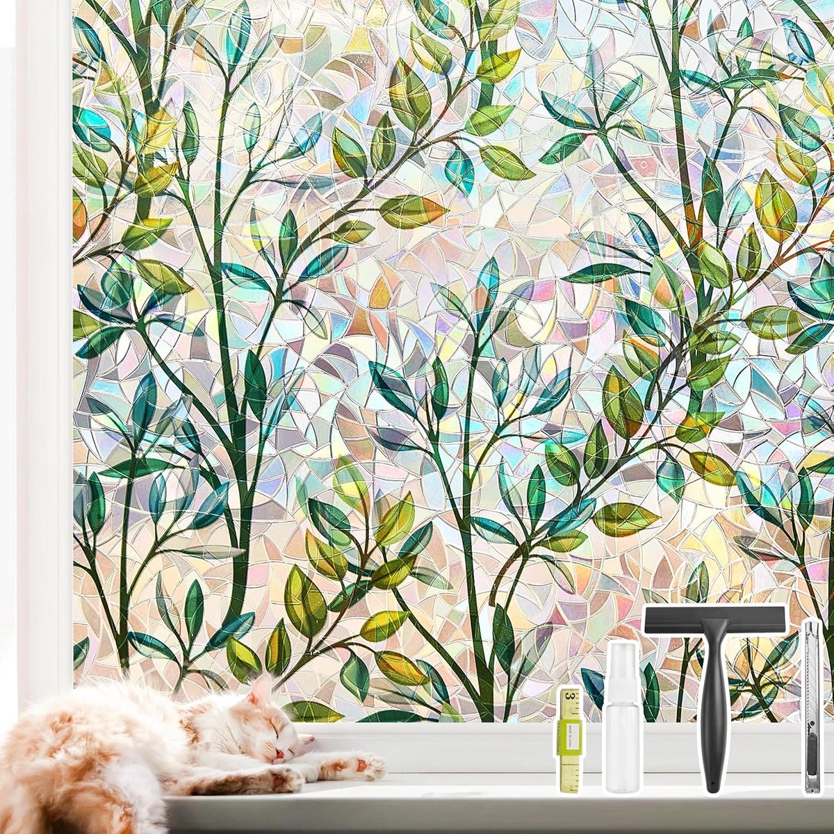 Vensterprivacyfolie 3D-decoratief 60 x 200 cm - bladeren - zonwerend - stijlvolle raamafdekking - SnelShoppen