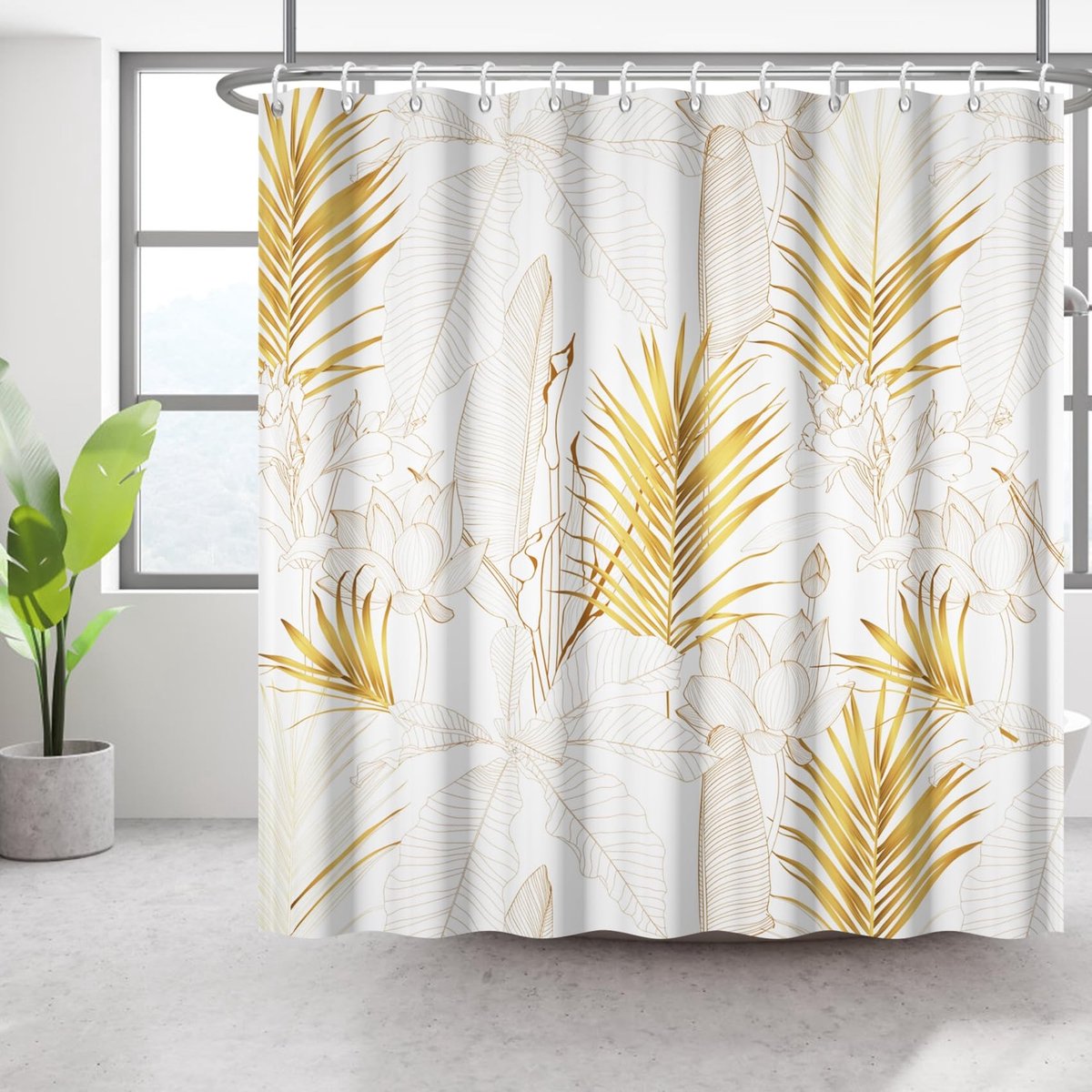 Omgoods - Gouden Plant Douchegordijn 60x72 Inch met Bananenblad