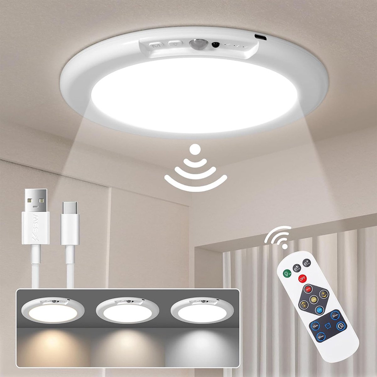 Lapamax Oplaadbare LED Plafondlamp met Bewegingssensor - Draadloze Plafonnière op 4200 mAh Accu - Magnetische Montage, Afstandsbediening - Dimbaar