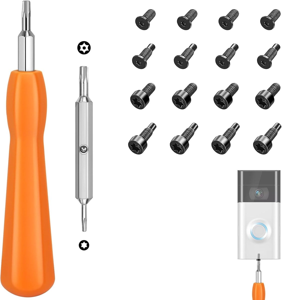Deurbel schroevendraaier, dubbelzijdige reserve schroevendraaier met 16 T6 T15 schroeven voor alle deurbellen, compatibel met de videodeurbel Doorbell 2, Pro en Elite (oranje)