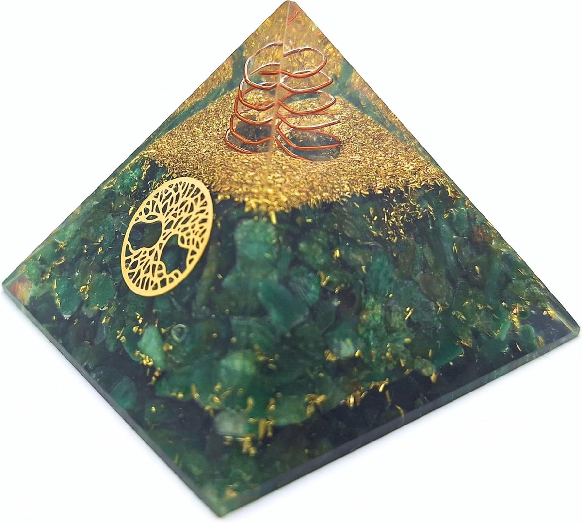 piramide met echte edelstenen, energieharmonisatie met helende stenen, koperen spiraal, levensboom, energiebescherming, geluk, harmonie (groene aventurijn (groen), 8 x 8 cm)