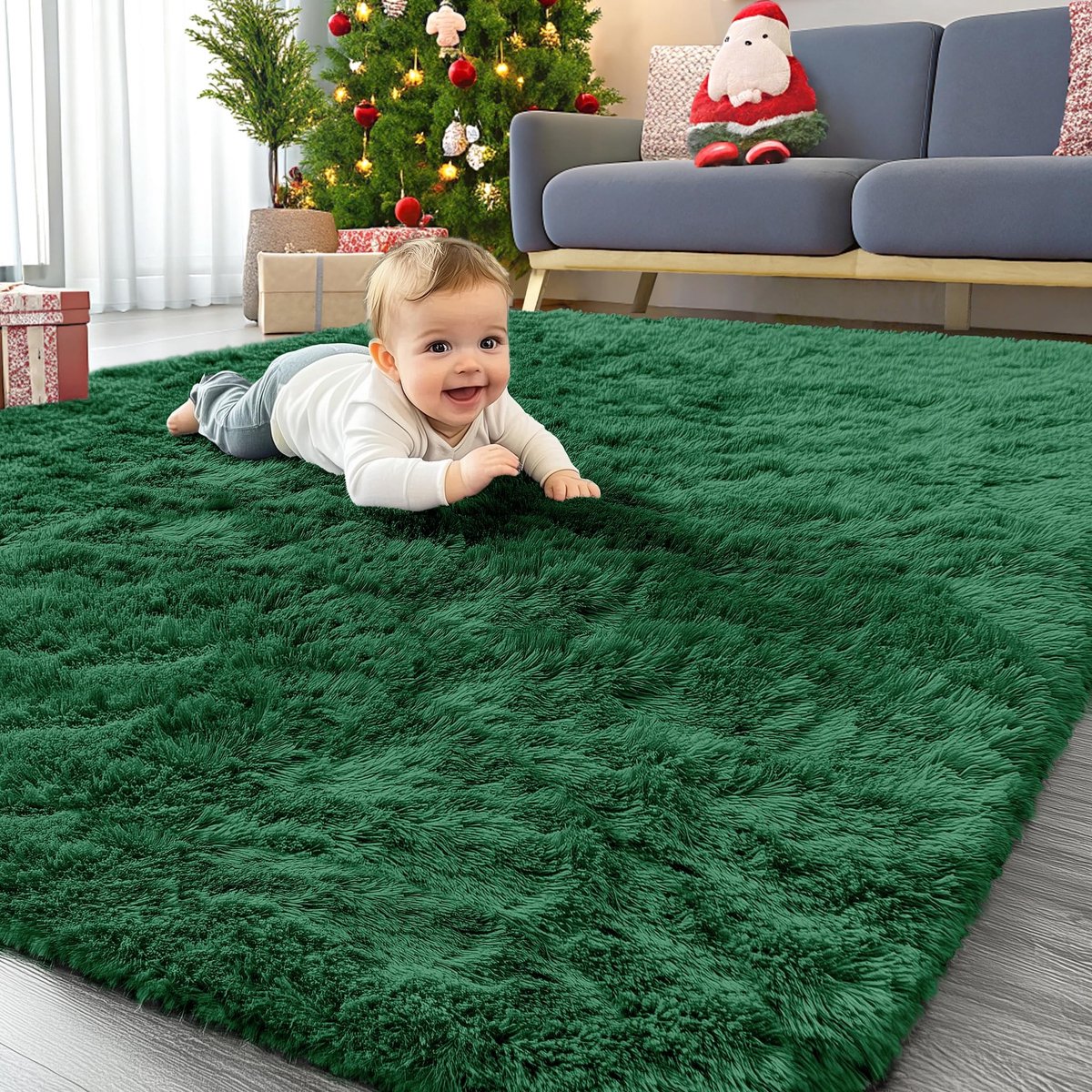 Omgoods - Fluffy Shaggy Tapijt voor Woonkamer - Donkergroen, 160 x 220 cm, Machinewasbaar
