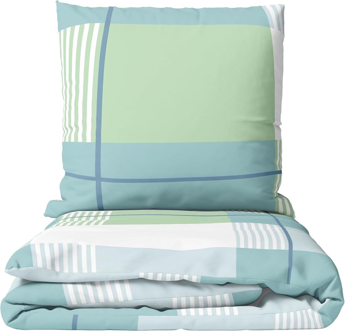 Vicenti Winter flanellen beddengoed, 135 x 200 cm, wollig, flanel, gestreept, groen, petrol, kussensloop 80 x 80 cm met verborgen ritssluiting