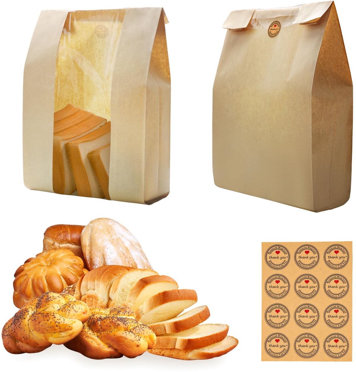 Omgoods- Broodzakken Groot Formaat - Papieren Zakken voor Zelfgebakken Brood - 100 Stuks - Met Venster - Inclusief Creatieve Stickers - Water- en Vetafstotend