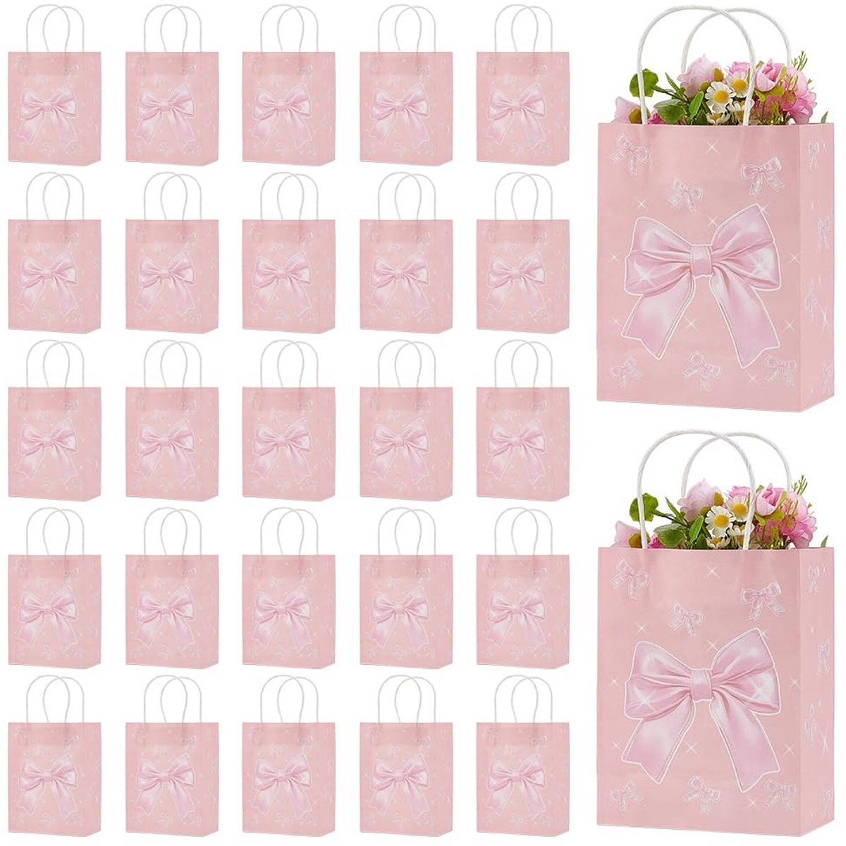 Omgoods- Geschenkzakken 30 Stuks - Roze Strik - Papieren Zak - Handvatten - Verjaardagsfeestje - Moederdag/Valentijnsdag - Geschenktassen