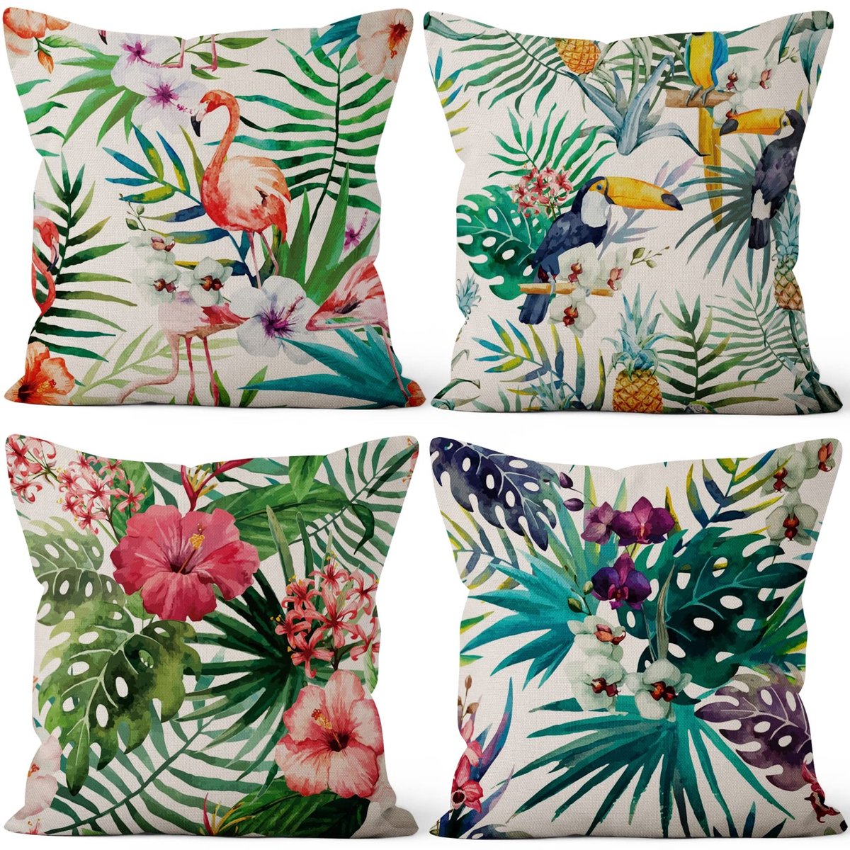 Omgoods - Set van 4 Kussenhoezen - Hawaiian Flamingo Palmbladeren 51x51cm