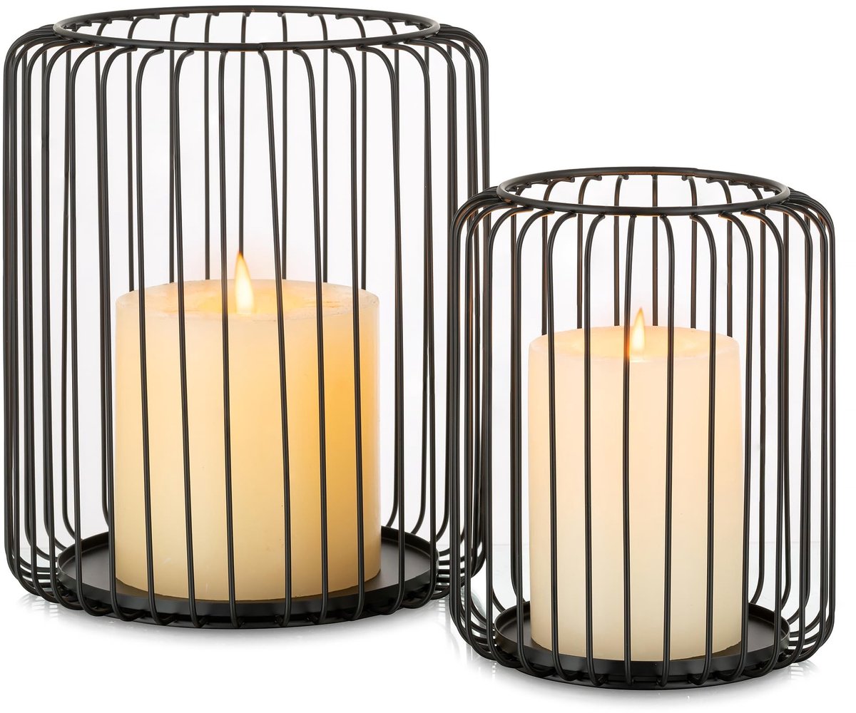Omgoods - Metalen Kaarsenhouders voor Pilaar Kaarsen - 2 Stuks Zwarte Decoratieve Lantaarn