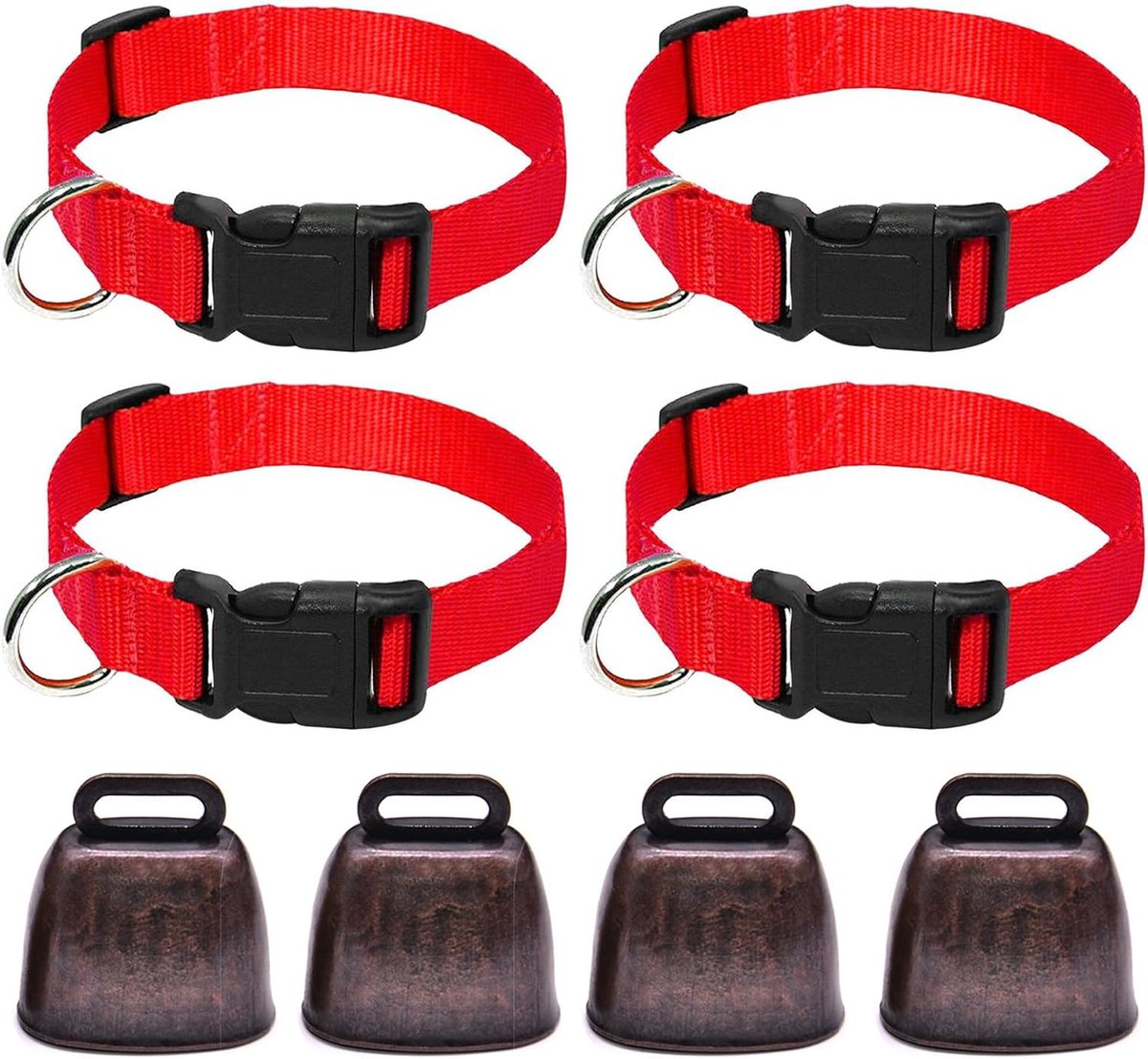 4 Stuks Nylon Geiten Halsbanden, 4 Stuks Metalen Koe Bellen, Verstelbare Nylon Geiten Halsbanden, Verlies Voorkomen, voor Geiten, Runderen, Paarden en Schapen (Rood)