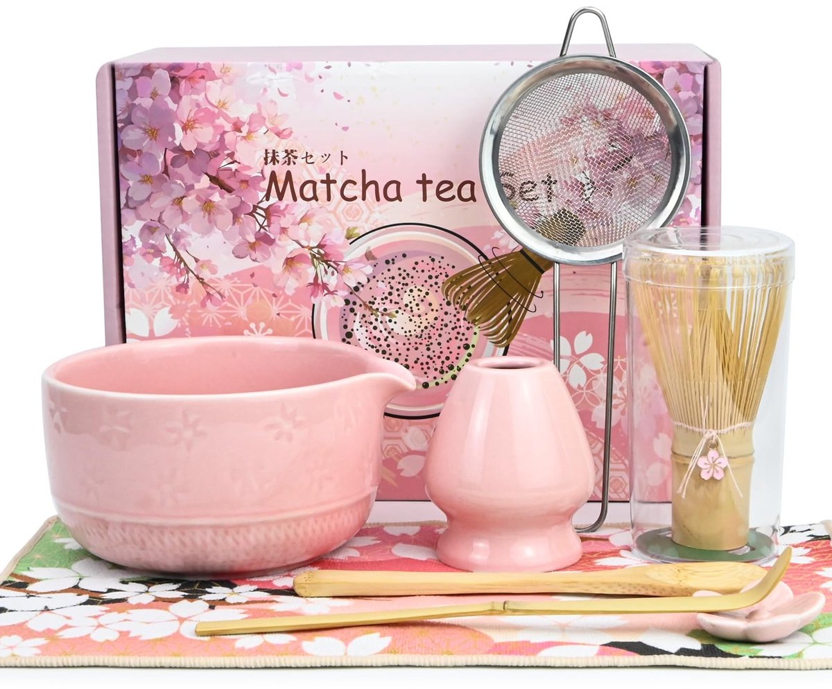 Omgoods- Matcha Set - 8 Stuks - Keramische Theekom 560 ml - Bamboe Theelepel - Theekelstandaard - Katoenen Theedoek - Compleet voor Traditionele Bereiding - Theeset
