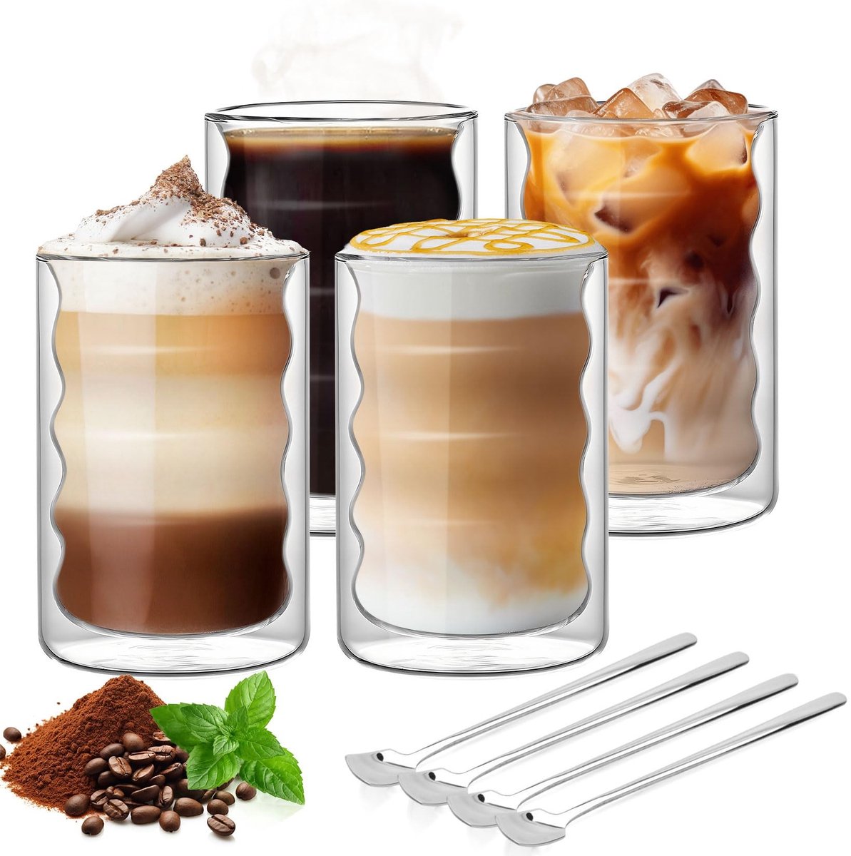 Omgoods - Double Walled Latte Macchiato Glazen - 350 ml met 4 Lepels - Voor Espresso en Cappuccino