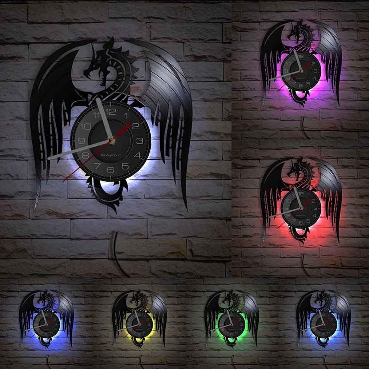 Omgoods - Vinyl Wandklok Mythical Beast Vliegende Draak met LED Nachtlampfunctie