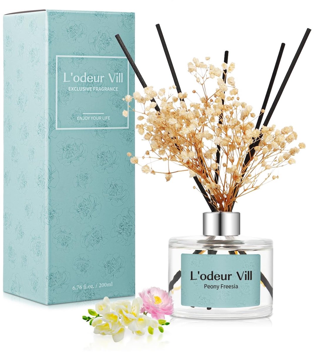 Omgoods - L'odeur Vill Geurverspreider met Rietjes 200ml - Luxe Aromatische Geur (Pioenroos & Fresia)