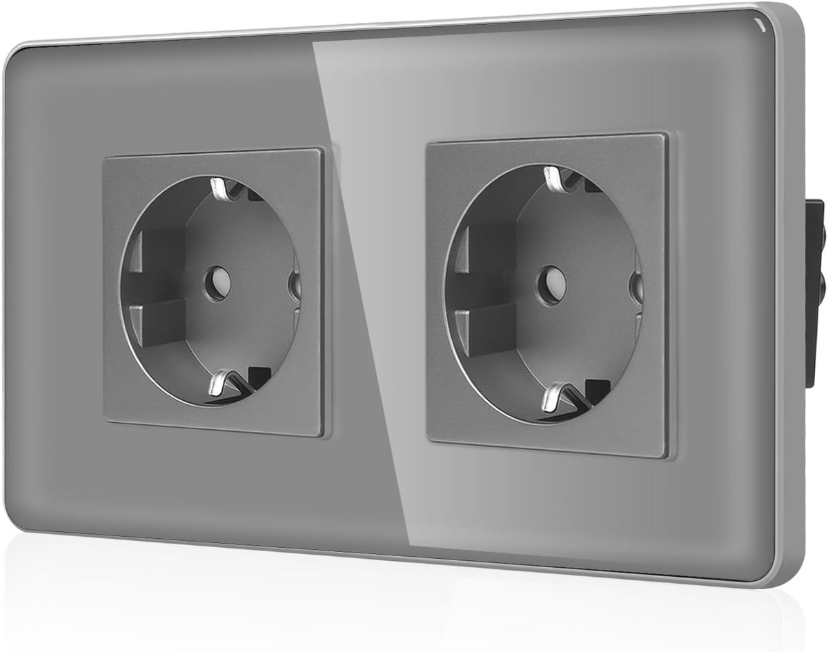 Glazen dubbel inbouwstopcontact, tweevoudig Schuko-stopcontact met 2,5D gebogen glazen plaat, 16 ampère, geaard stopcontact, wandcontactdoos met kinderbeveiliging, 2-voudig, grijs